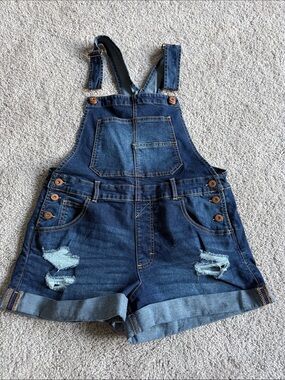 No Boundaries Dark Blue Distressed Denim Short Overalls
